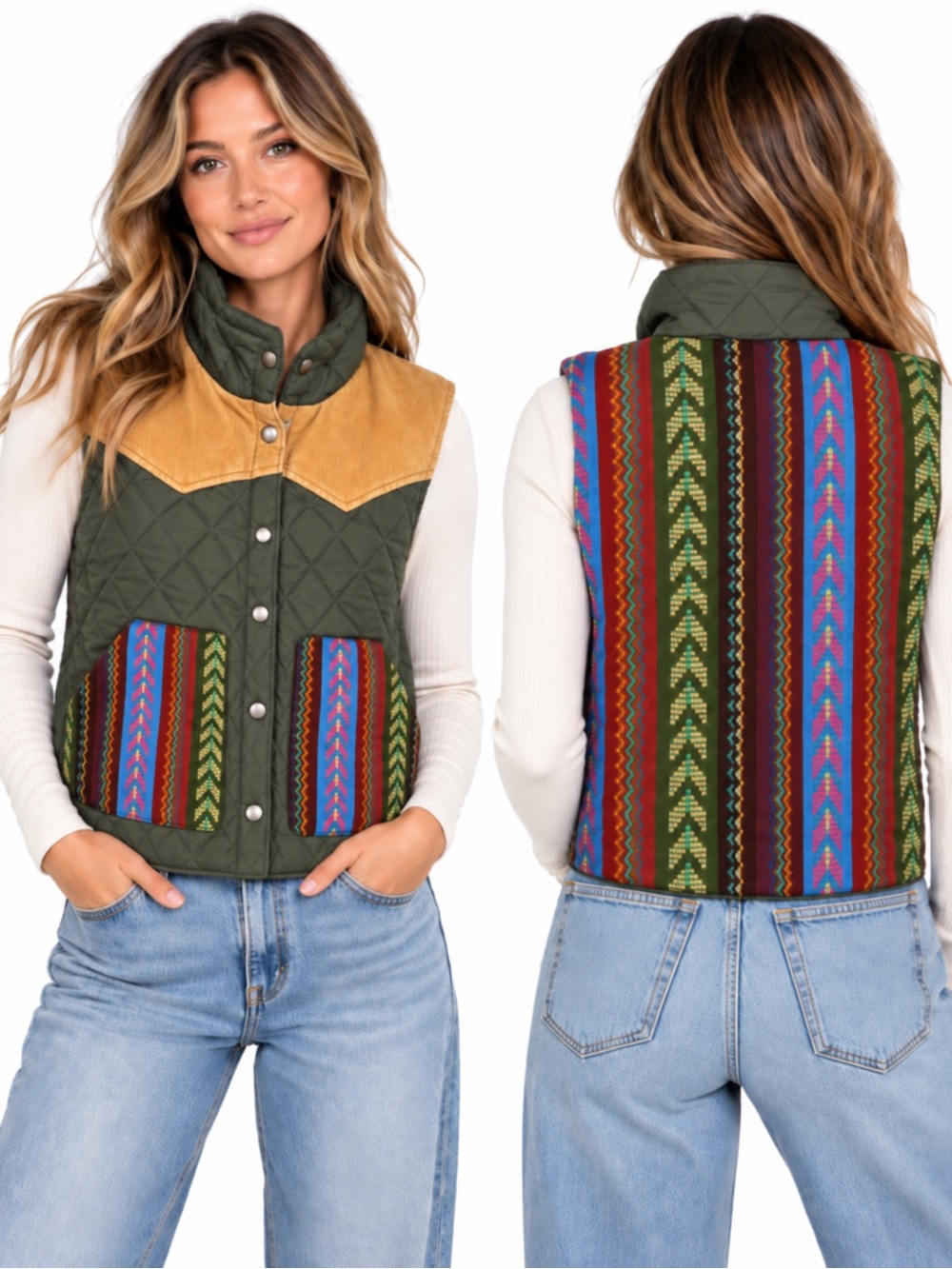 Reversible Southwestern Aztec Quilted Vest Olive Size P/S Corduroy Boho Wester